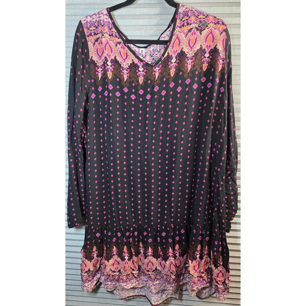 Abollria Dress Plus Size‎ 2XL Black Pink Peach Boho Paisley Long Slv Tunic Mini